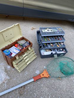 Fishing tackle boxes and large net and retractable pole