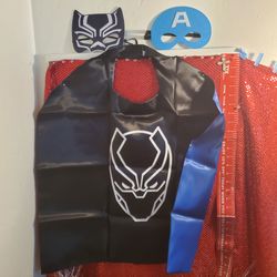 Black Panther/Capt. America 2 In 1 Reversible Cape & Face Masks. New.