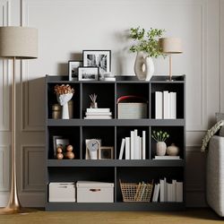 Bookshelf, 3-Tier Open Bookshelf, 10 Cube Horizontal Bookcase, Storage Organizer with Anti-Tilt Device, Floor Standing Wood Bookcase for Hom