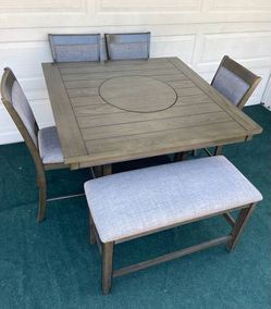 6-PC GRAY FINISHED HIGH TOP DINING SET WITH LAZY SUSAN (TABLE, PADDED BENCH AND 4 PADDED CHAIRS)