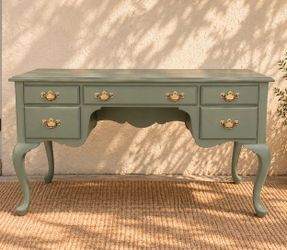Eucalyptus Green Queen Anne Vanity or Console Table | Vintage 4-Drawer