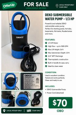DEKO 1/3 HP Submersible Utility Water Pump 1585 GPH Tested Working