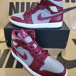 Air Jordan 1 Mid Cherrywood Red/White/Grey Men's Size 9.5 Women's Size 11