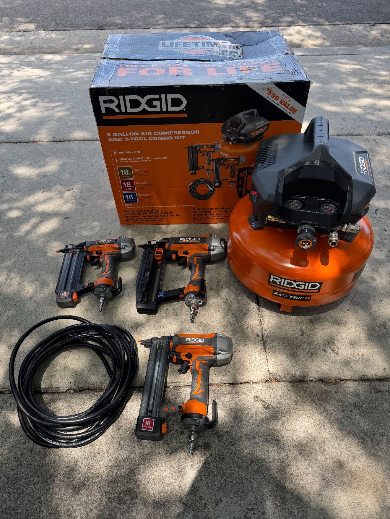 RIDGID 6 Gal. Portable Electric Pancake Air Compressor w/ 18GA Brad Nailer, 16GA Straight Finish Nailer, & 18GA Finish Stapler