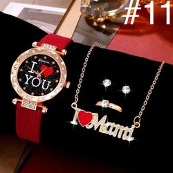 5PCS Set Red Luxury Quartz Watch for Women