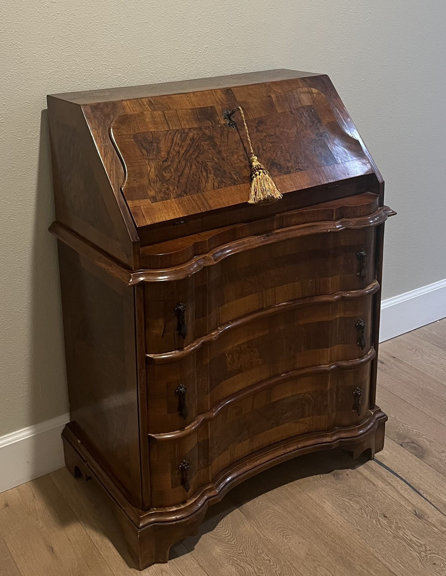Antique Italian Burled Walnut Drop Down Front Secretary 3 Drawer Desk