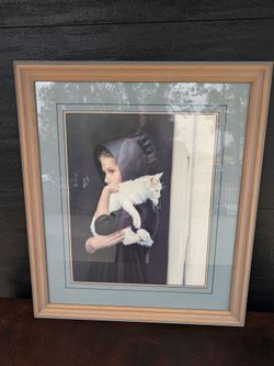 Mel Noel Framed Art Print - Girl with White Cat
