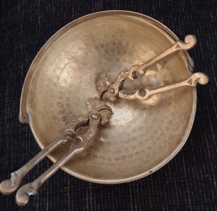 Antique Brass Nut Bowl With 2 Unique Nutcrackers