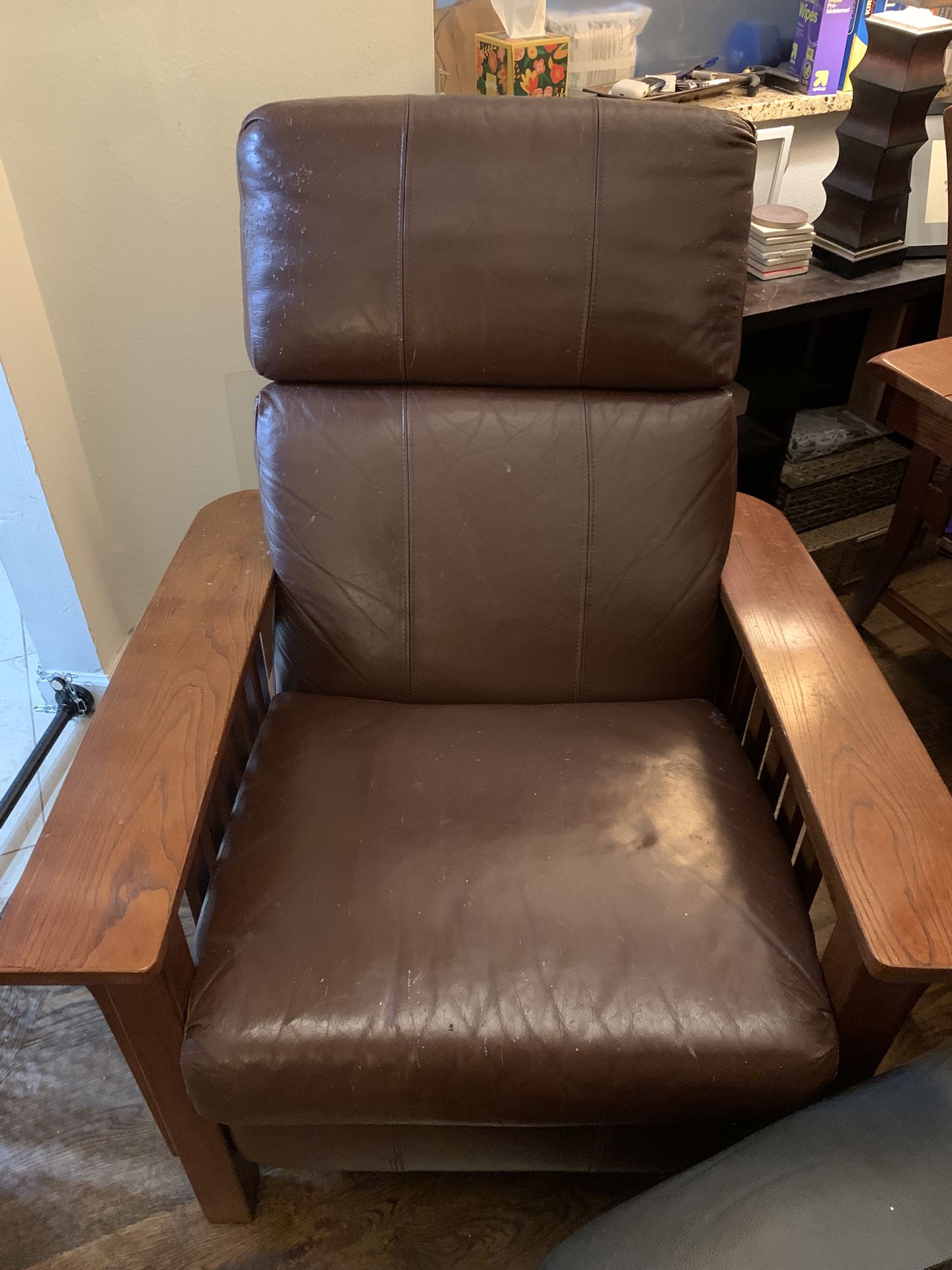 Leather Recliner, Wood Arms