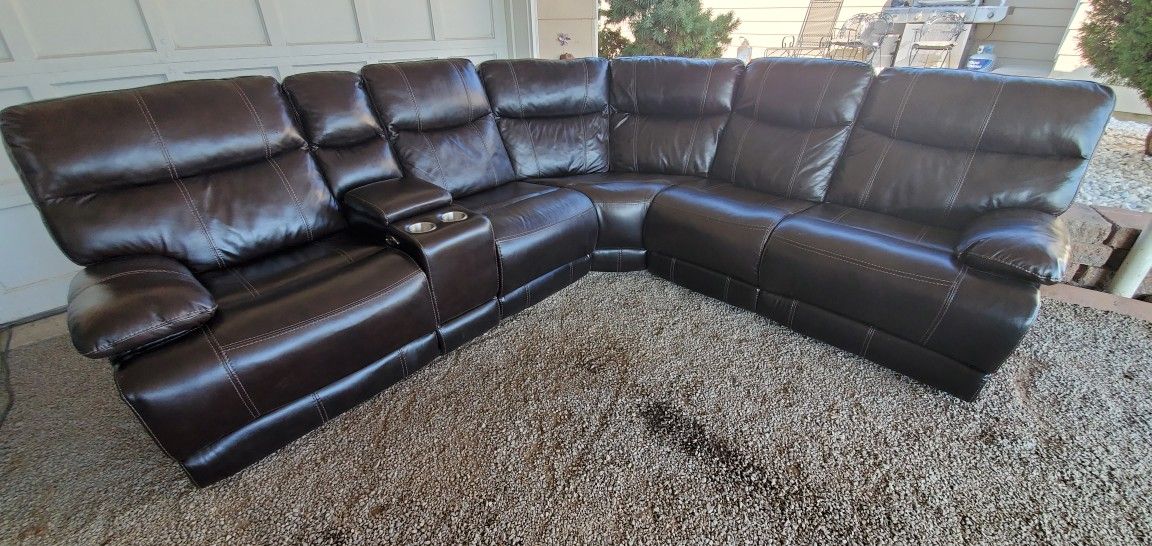 Dk Brown Leather Style Power Reclining Sectional Sofa with USB Ports. Delivery Available