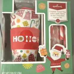 🎄Hallmark Galerie Christmas Ceramic Travel Mug with Candy Sticks & Hot Chocolate Cocoa Mix🎅🏻