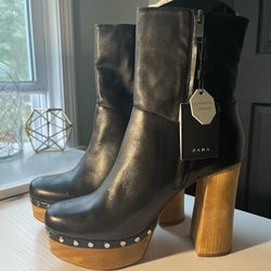 Zara Womens Black Leather Platform Wooden Heeled Studded Ankle Booties