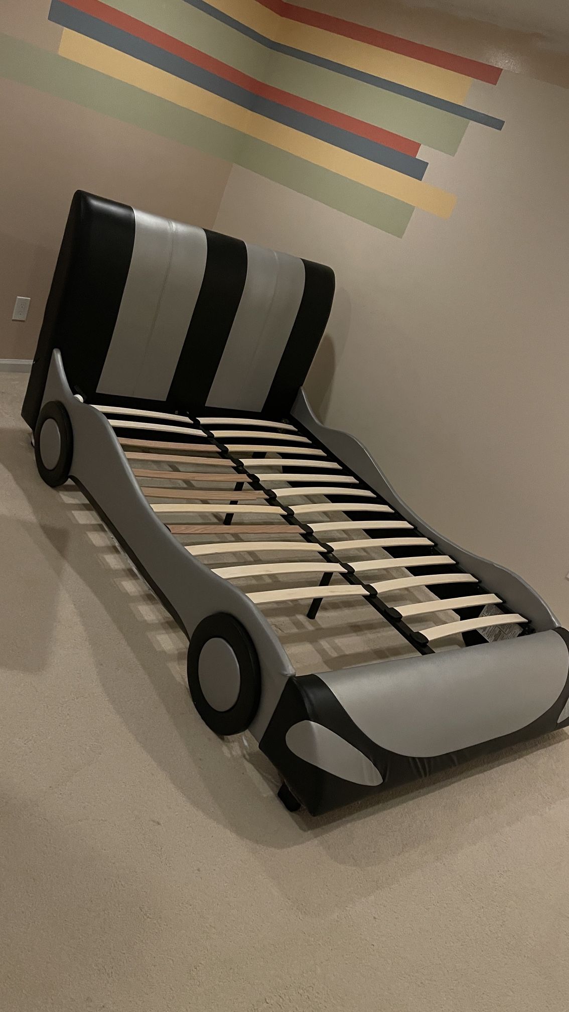 Full Size Faux Leather Race Car Bed in Black and Silver