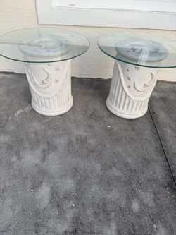 Pair Of Ceramic Pedestal Pillars With  3/8” Round Plate  Glass Tops 