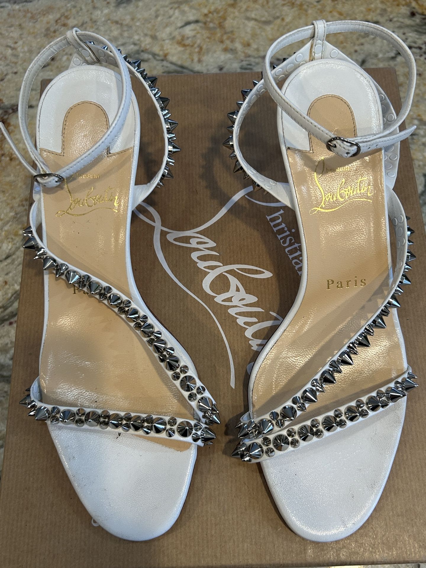 Christian Louboutin Mafaldina Spikes 70 White Ankle Strap Sandal Heel Pump 37