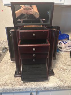 Large Wooden Jewelry Armoire Box w/ Mirror, 5 Drawers & Necklace Storage