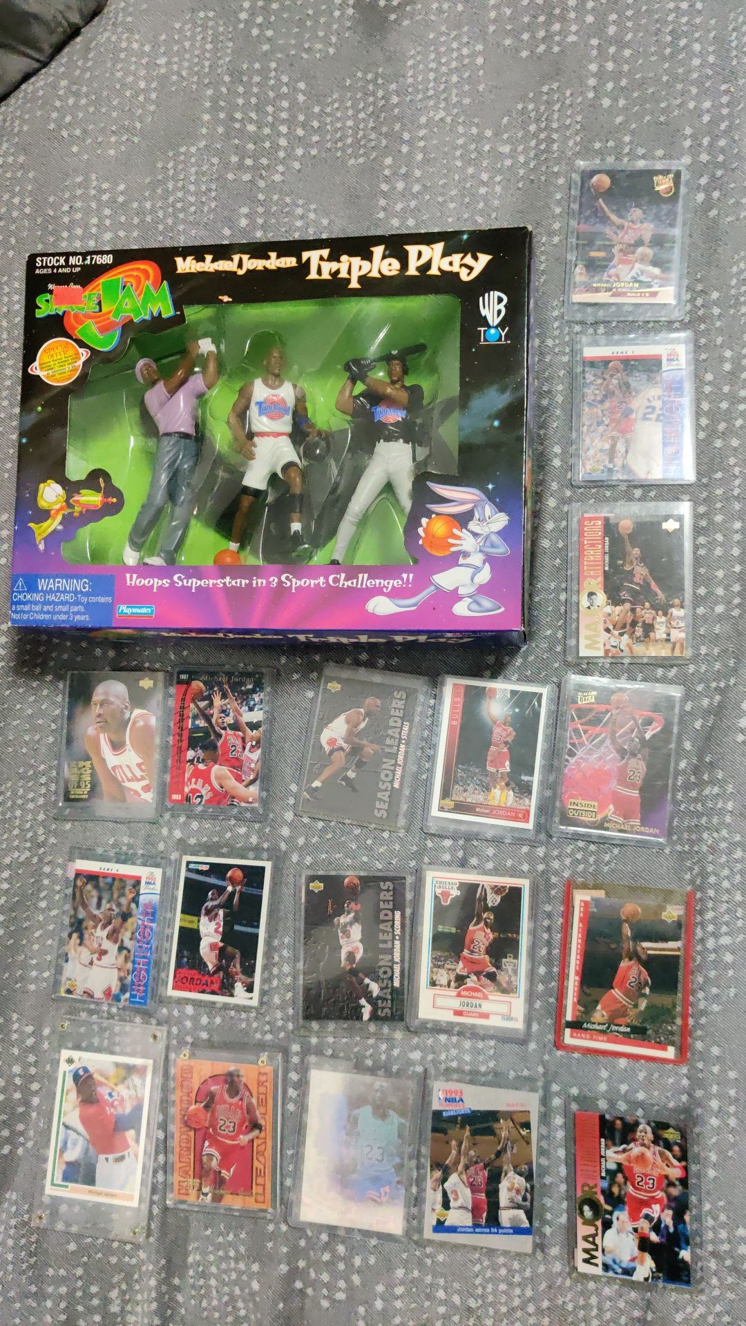 Michael Jordan lot: 21 sports cards(3 doubles), Space Jam Triple play action figure