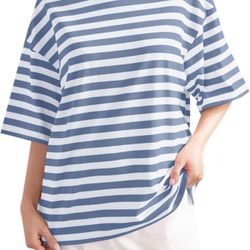 Women's Casual Colorblocked Striped Short Sleeve Top Round Neck Knit Basic T Shirt