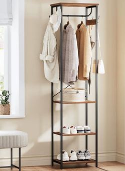 Perchero con Barra para Colgar, Estante para Ropa con 3 Estantes de Madera y 4 Ganchos