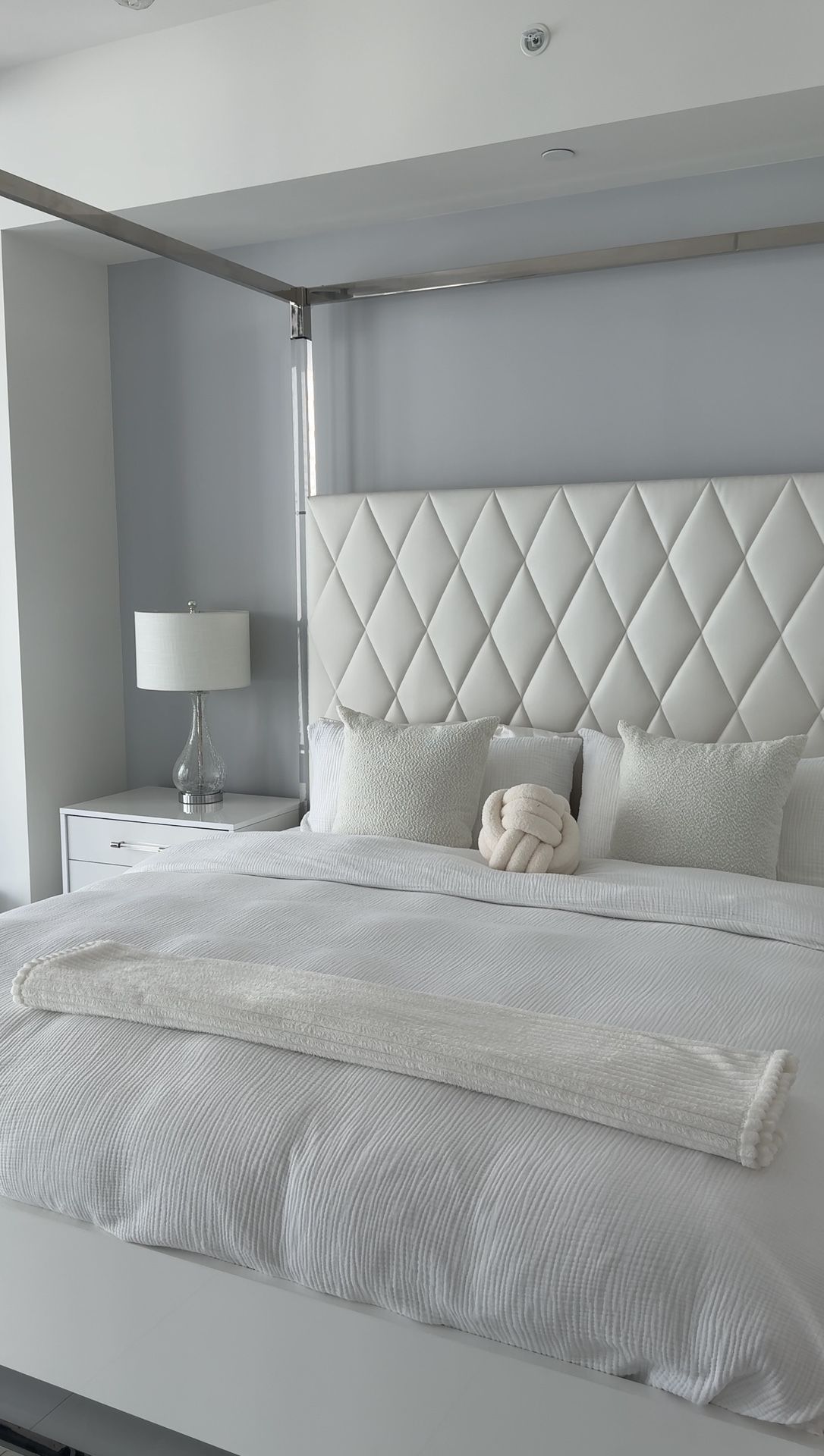 Modern Luxury Canopy Bed — White Upholstered with Chrome & Acrylic Frame