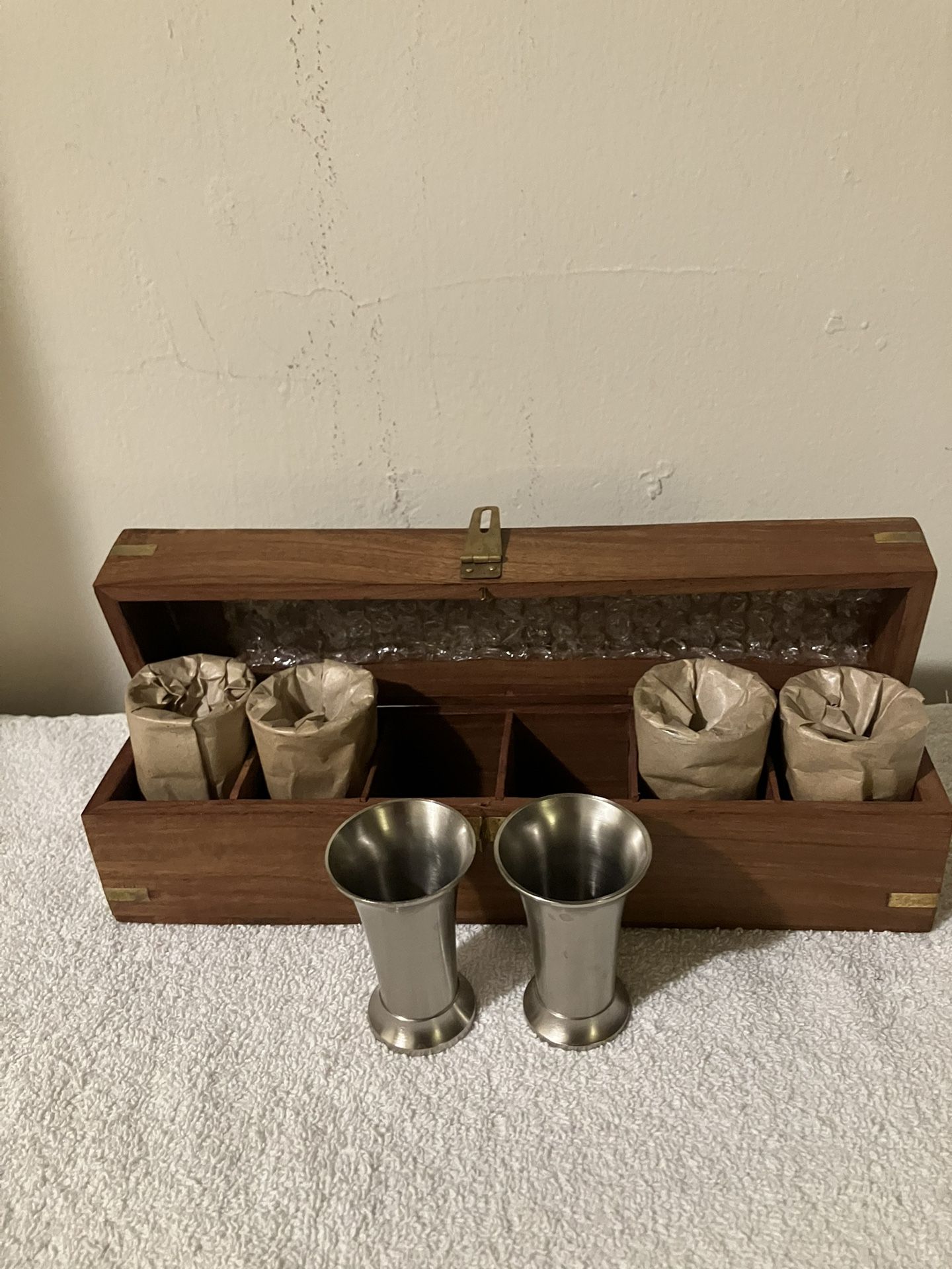 New and Never Used Set Of 6 Pewter Beakers In Wooden Box and 2 Free Gifts 