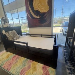 TWIN SIZE BED WITH BOOKCASE HEADBOARD AND TWO DRAWERS