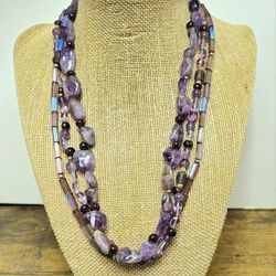 VINTAGE POLISHED AMETHYST , And Purple Beads 3 STRAND Sterling Silver Necklace