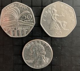 Two Fifty Pence Coins, 1997 And 2000 Commemorative Of Public Library 