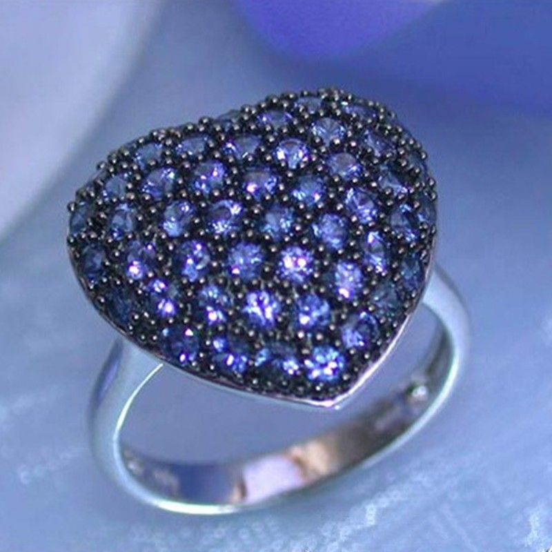 "Sweet Large Heart Royal Blue Crystal CZ Beautiful Silver Rings for Women, PD736
