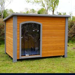 45 winter warm outdoor indoor dog house, made of solid wood, plastic curtain, insulation mat.