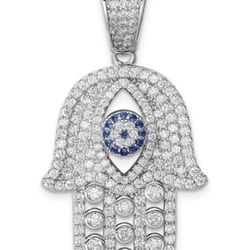 Sterling Silver Blue Spinel And White CZ Hamza Pendant