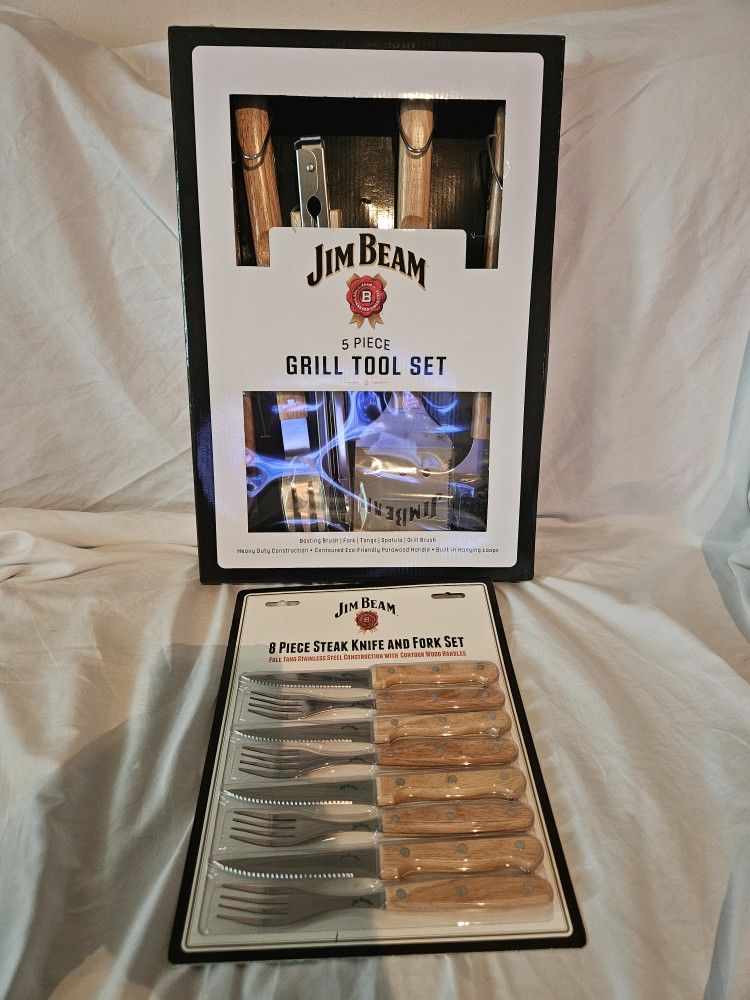 JIM BEAM 5 PC GRILL TOOL SET & 8 PC JIM BEAM STEAK KNIFE AND FORK SET