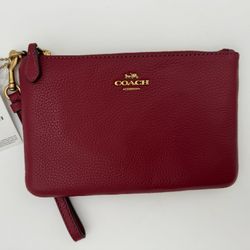 New Coach Women's Polished Pebble Leather Small Zip-Top Wristlet Deep Berry NWT