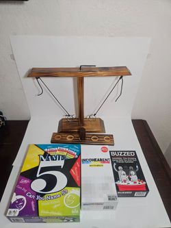 4-Piece Party Game Lot - Wooden Ring Toss, Name 5, Incohearent, Buzzed