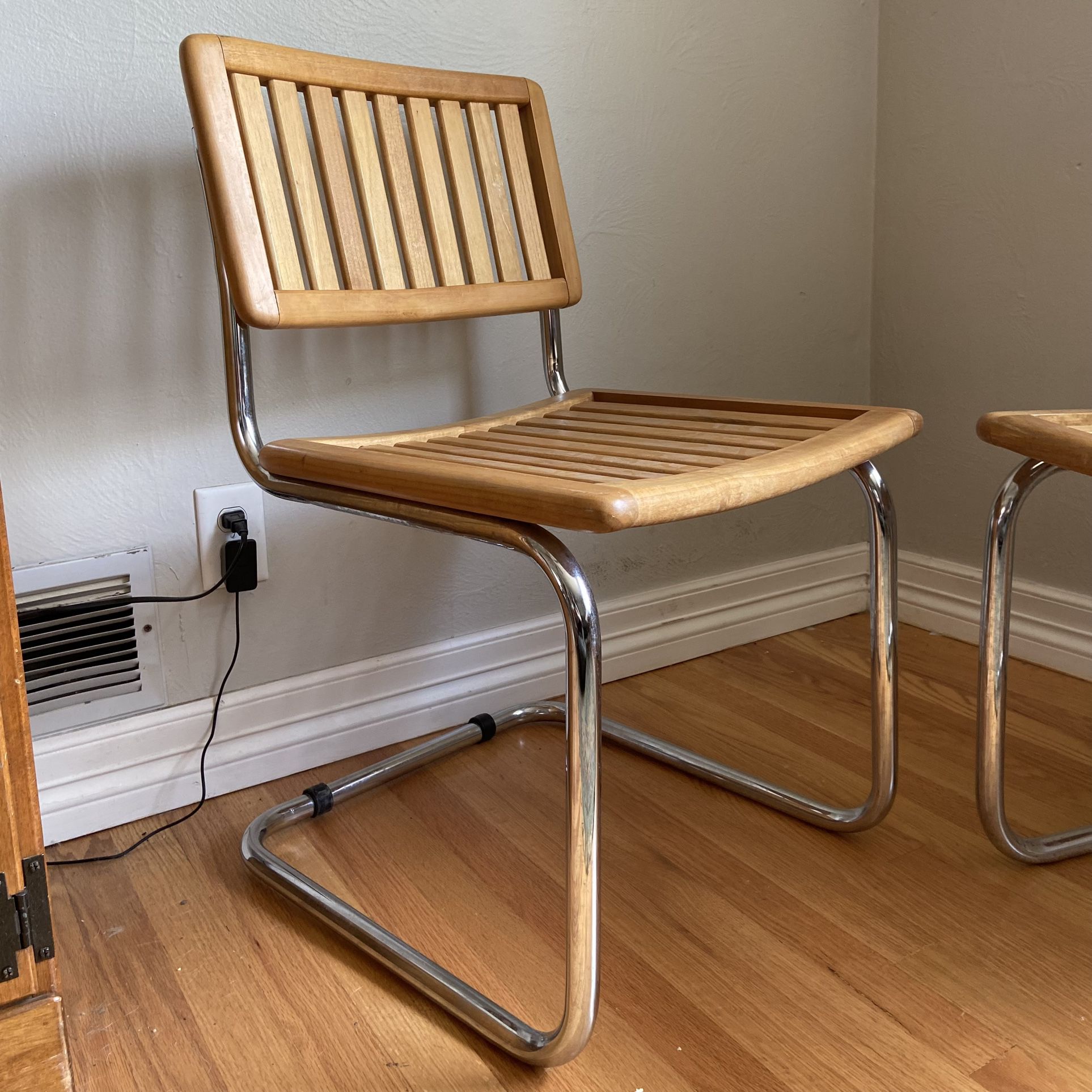 Pair Of vintage Wood slat Chairs With Metal Base 
