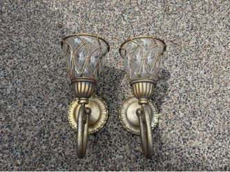 Pair of Vintage Bronze Wall Sconces with Textured Glass Shades