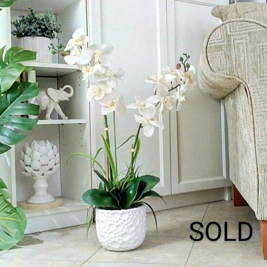 NEW Floor Vase made of Real Ceramic with Artificial Orchid Plant 29" x 16" each, CASH ONLY, PICKUP ONLY -  fake plants faux plants flowers boho 