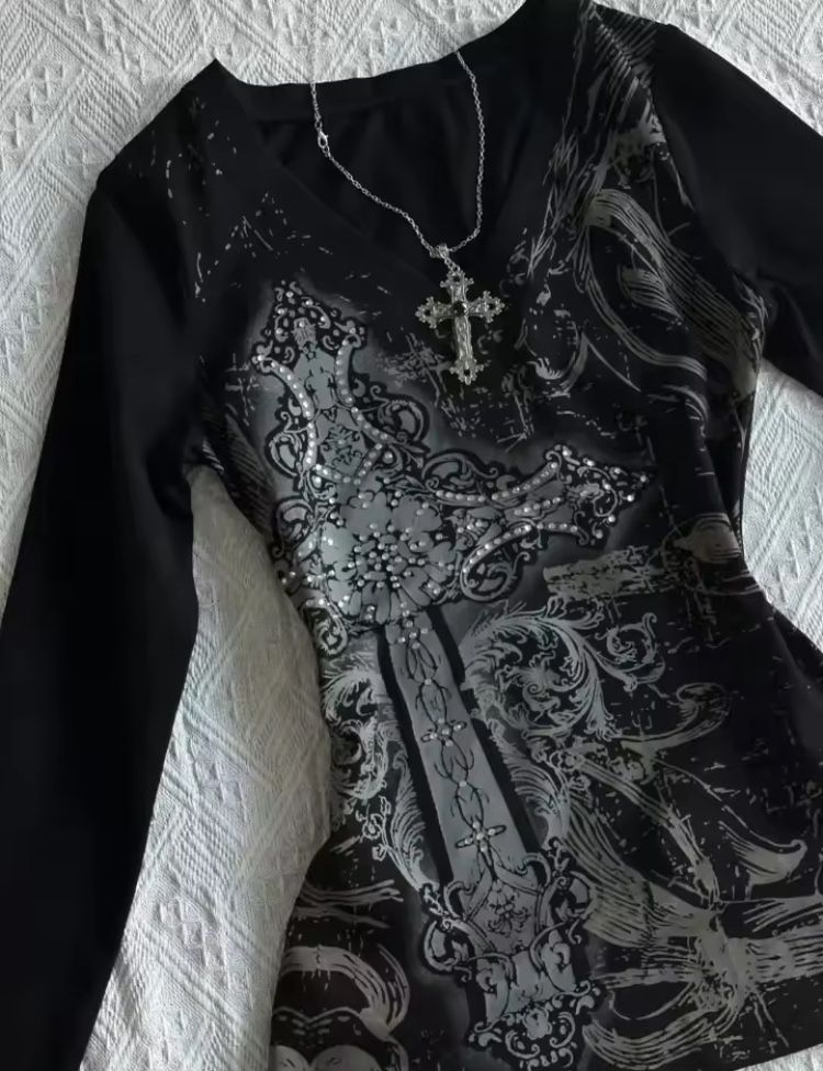 Women’s Black & grey long sleeve top with cross details Dm Me For Cheap
