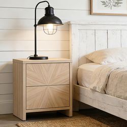 Set of 2 Natural Oak Nightstands – 2-Drawer Sunburst Side Tables – Brand New
