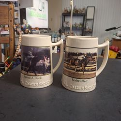 Ceramic Set Of 2 Berr Stein Mugs, Commemorative Honoring Legendary Racehorses-Spend A Buck & Unbridled At Calder Race Course 6"H