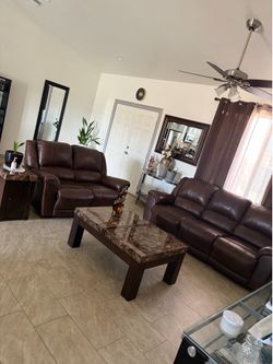Full leather couch sofa recliner set with marble table tops
