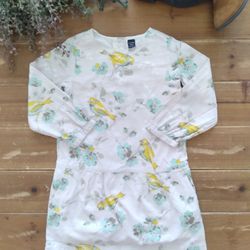  5T CREAM COLOR DROP WAIST LONG-SLEEVE DRESS W/BIRDS HAND FLORAL PRINT