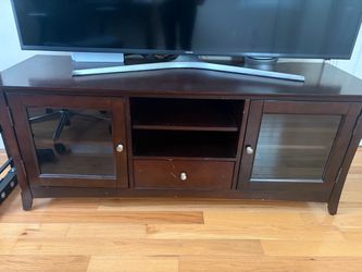 Dark Briwn Wood TV Stand with Glass Doors
