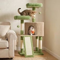 Cat Tree, 45.3-Inch Cute Cat Tower, Climbing Condo, Green & Brown with 4 Sisal Scratching Posts, 2 Perches, Spacious Cave, Scratching Ladder, Plush To