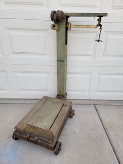 Vintage Wood & Metal Platform Rolling Scale Farm Grain Store