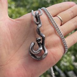 Vintage Mens Zodiac Serpent Snake Pendant Necklace Stainless Steel Men 