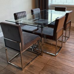 CB2 Silverado Chrome 72" Rectangular Glass Top Dining Table Chrome Legs Modern (6 Chairs Included)