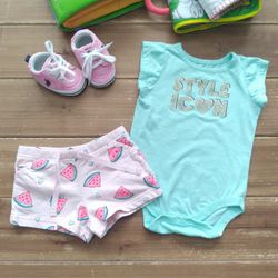 6MOS 2-PIECE OUTFIT SEAFOAM GREEN 'STYLE ICON' BODYSUIT W/WATERMELON PRINT SHORTS