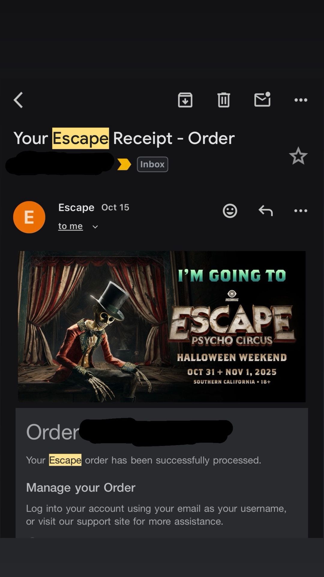 2 GA SATURDAY ESCAPE TICKETS