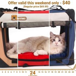 Large Cat & Small Dog Carrier, Soft-Sided 24"x16"x16", Supports 45 lbs, Privacy Windows, Plush Bed, Locking Zippers, Foldable Travel Crate.
